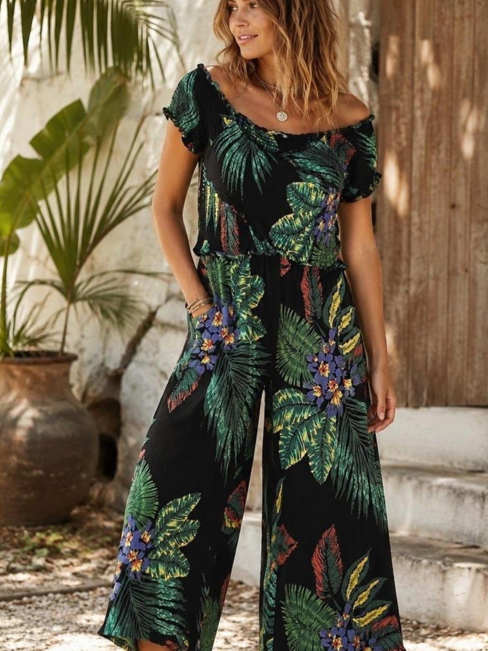 Patrons of Peace Black Tropical Off-Shoulder Wide-Leg Jumpsuit with Green Leaves